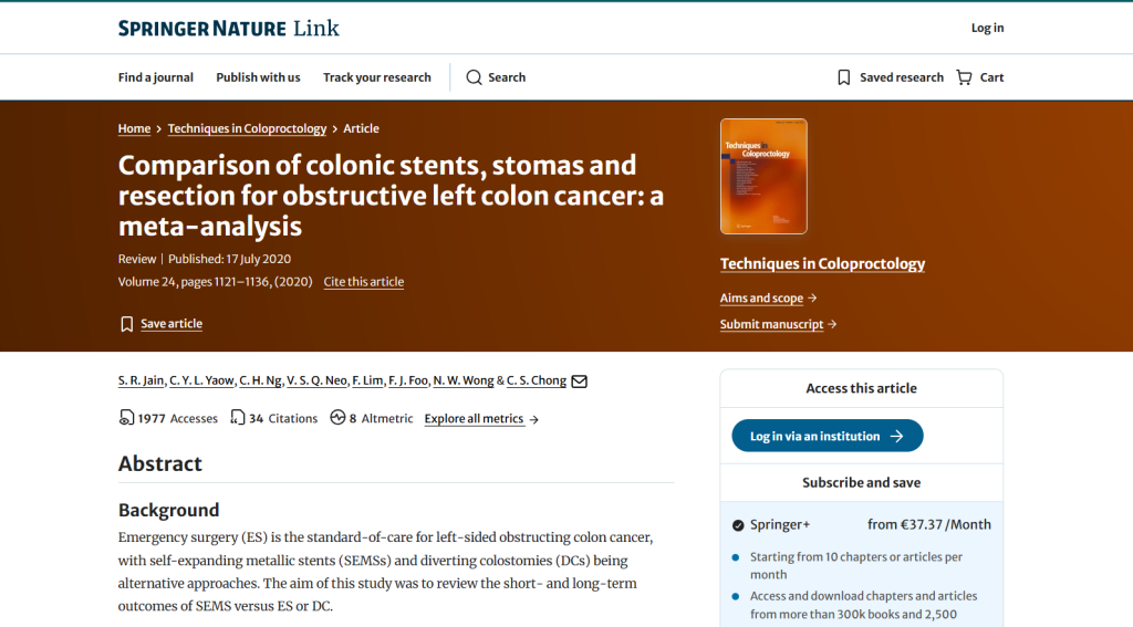 Comparison of colonic stents, stomas and resection for obstructive left colon cancer: a meta-analysis