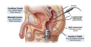 An illustration showing the components of minimally invasive laparoscopic surgery, including ports and instruments used for procedures.